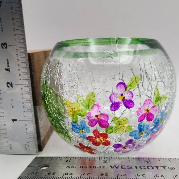 FINAL CLEARANCE Hand Painted Floral Crackle Glass Votive Candle Holder Vase 4” - Picture 9 of 9